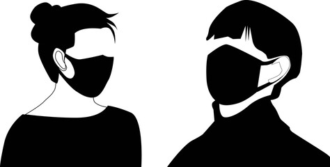 Isolated silhouettes of man and woman wearing Hygienic mask on white background. Personal protective equipment. People template of sticker or icon for protect from air pollution. - vector