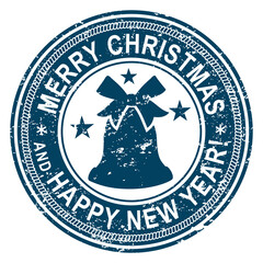 Christmas Stamp on white background. Grunge surface. Christmas bell in center cricle. Merry Christmas and Happy New Year inscription