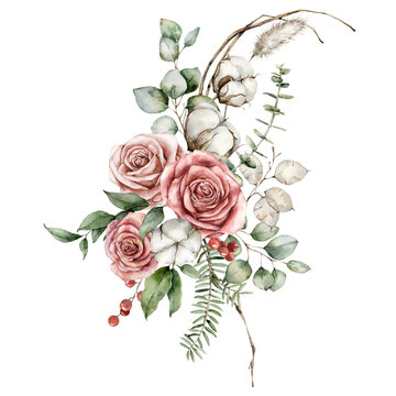 Watercolor Christmas bouquet of dried flowers with eucalyptus, lagurus, pink roses and cotton. Hand painted holiday card isolated on white background. Illustration for design, print or background.