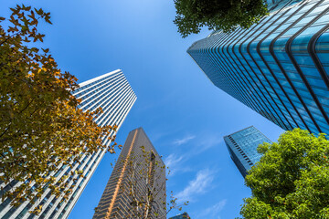 low angle view of skyscrapers in city of China.
