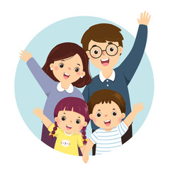 Vector illustration cartoon of a portrait of four members happy family raising up hands. Parents with kids.