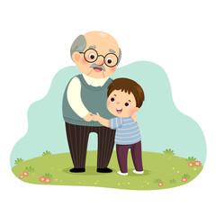 Vector illustration cartoon of a little boy hugging his grandfather in the park.