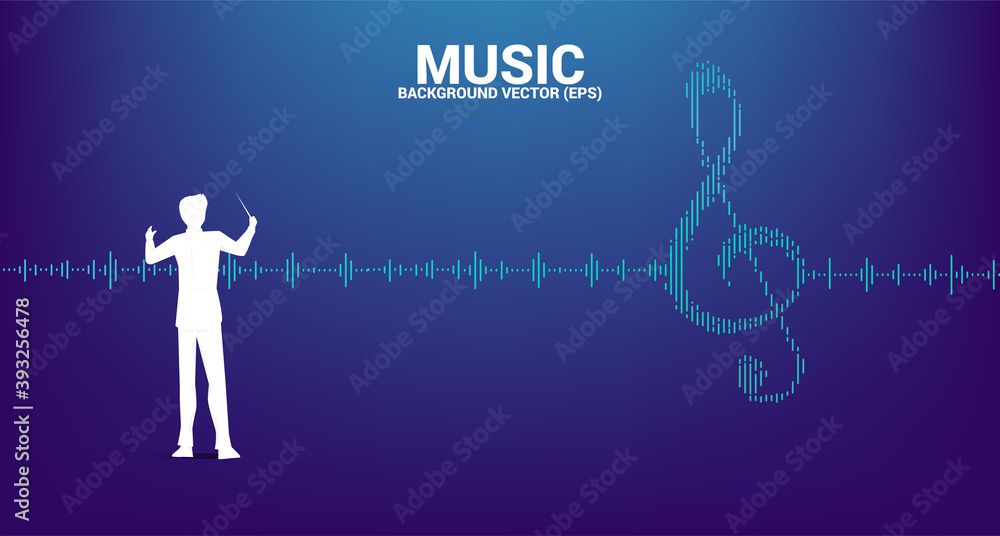 Poster vector silhouette of conductor with sol key note icon sound wave music equalizer background. backgro