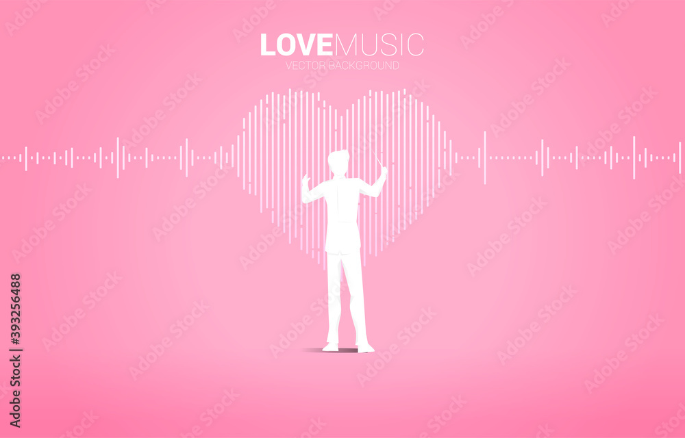 Poster vector silhouette of conductor with sound wave heart icon music equalizer background. love song musi