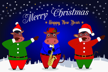Merry Christmas and Happy New Year greeting card. 2021 at the sign of the Bull. Cute bulls in Santa Claus clothes and with a musical instrument. Starry background, night sky