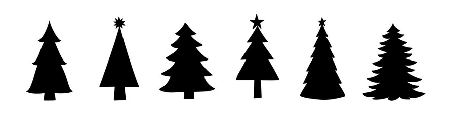 Fototapeta premium Silhouettes of Christmas trees. Vector illustration. Fir tree shapes. Simple symbols isolated on white. For winter season design of cards, holiday party posters, New Year banners or gift tags, stamps.