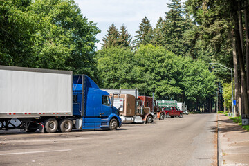 Line of different big rigs semi trucks and semi trailers standing on the forest rest area parking lot for take a brake