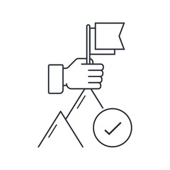 The hand sets the flag to the top of the mountain. Mission accomplished concept. Successful activities in business and life. Vector linear illustration isolated on white background.