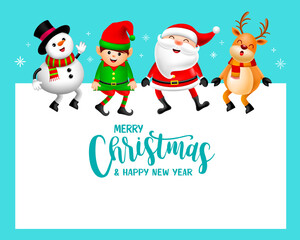 Funny Christmas Characters design, Santa Claus, Snowman, Reindeer and little elf. Merry Christmas and Happy new year concept. Illustration on blue background.