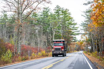 Fototapeta na wymiar Red day cab big rig semi truck with tip trailer running on the straight forest road with autumn trees
