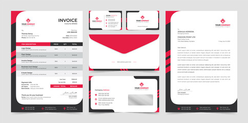 Corporate business branding identity, Stationery design, Letterhead, Business card, Invoice, Envelope design
