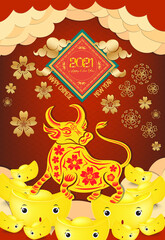 Chinese new year poster design with Chinese of the Ox, Happy Chinese New Year 2021, gold ingots