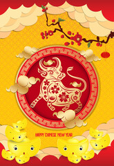 Chinese new year poster design with Chinese of the Ox, Happy Chinese New Year 2021, Cherry Blossom and gold ingots
