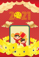 Chinese new year 2021 poster - Year of the Ox. Chinese boy and girl happy smile creative gold ingots