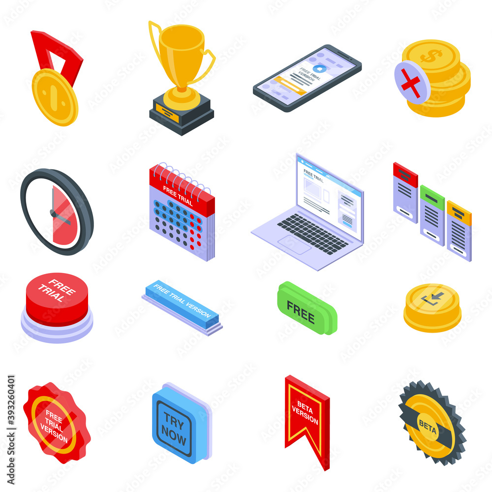 Poster free trial version icons set. isometric set of free trial version vector icons for web design isolat