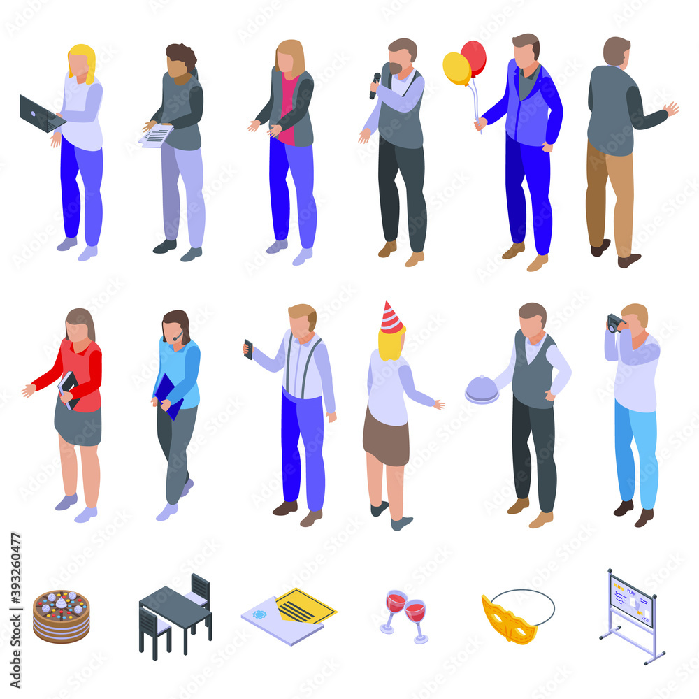 Poster event management icons set. isometric set of event management vector icons for web design isolated o