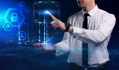 Business, Technology, Internet and network concept. Young businessman working on a virtual screen of the future and sees the inscription: Personal data protection