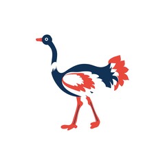 Decorative colorful ostrich, Australian wild animal, Tropical bird cartoon character design, Cute flat vector illustration isolated on white, for design zoo alphabet, invitation, greeting cards