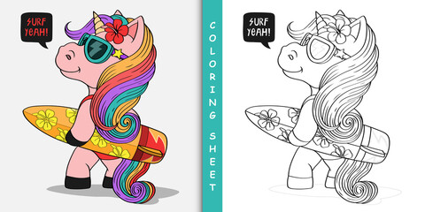 Cartoon unicorn with surfboard, Coloring sheet © kancut