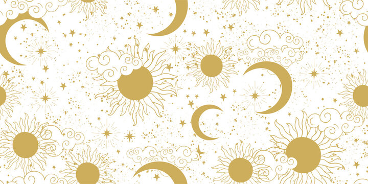 Seamless golden space pattern with sun, crescent, planets and stars on a white background. Mystical ornament of the mystical sky for wallpaper, fabric, astrology, fortune telling. Vector illustration