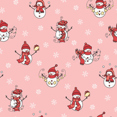 Seamless pattern with cute hand drawn snowmen with garlands, gift boxes and snowballs. Christmas vector background for kids room decor, print, poster, advertising, fabric, wallpaper, wrapping paper.