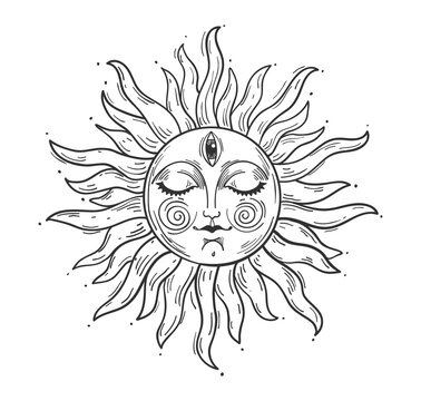 Vintage style illustration, sun with a face, stylized drawing, engraving. Mystical element for design in boho style, logo, tattoo. Vector illustration isolated on white