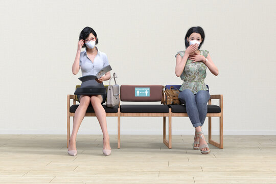 ソーシャルディスタンスを考慮してベンチに座るマスクをつけた雑誌を見る女性と咳で胸を抑える女性が2人