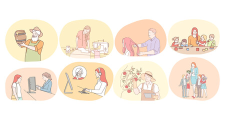 Various professions and occupation concept. People professional beekeeper, dressmaker, hairdresser, nanny in kindergarten, consultant, call center operator, farmer, teacher in school during work