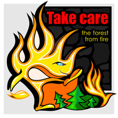 Trees is on fire. Environmental poster. Take care of the forest. Protecting the world. Cartoon vector illustration 