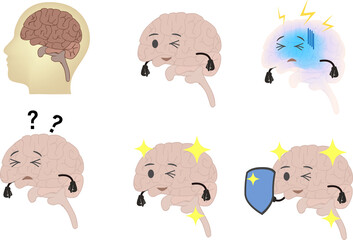 元気な脳・物忘れがひどい脳、可愛い脳のイラストセット