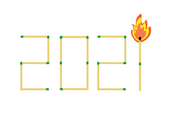 Numbers from matches with a burning flame on a white background.