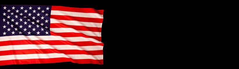 Fototapeta premium American Celebration - United States of America flag. Usa Flag Flowing in the Wind on black web banner background. 