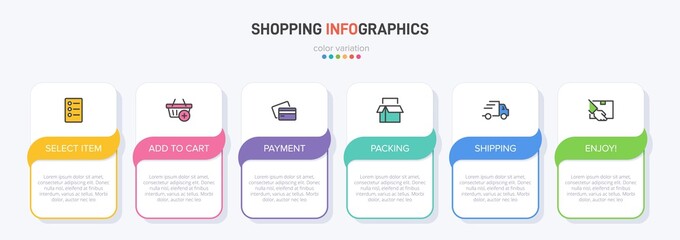 Concept of shopping process with 6 successive steps. Six colorful graphic elements. Timeline design for brochure, presentation, web site. Infographic design layout.