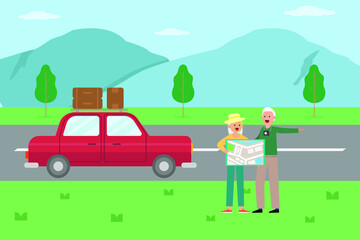 Holiday vector concept: Old couple looking at map while standing on the road together