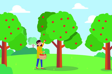 Picking apple vector concept: Little girl picking apple on the tree while carrying basket