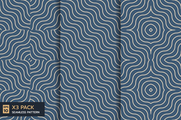 set of abstract wave line  seamless pattern on indigo background