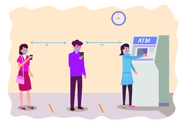 Social distance vector concept: People in face mask standing in queue to use ATM machine while keeping social distance