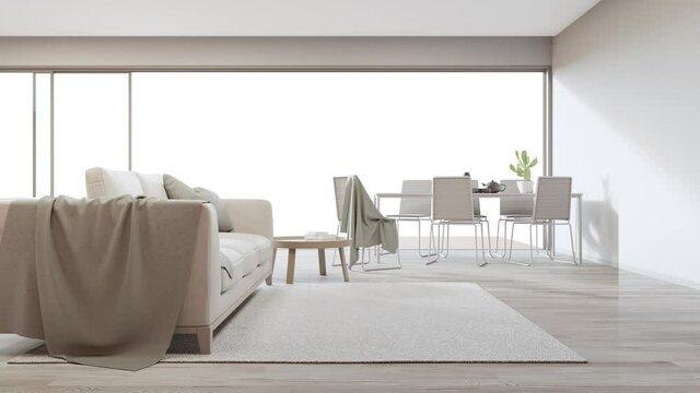 Table on wooden floor of bright dining room near large living room and sofa against TV in modern house or luxury villa. Home interior 3d rendering with white background.