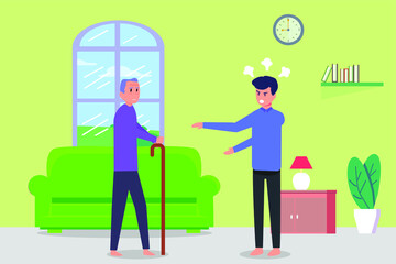 Elder Abuse vector concept: Young man feeling angry to old man while walking with stick at home