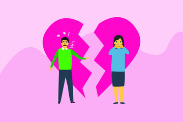 Breakup vector concept: Angry man scolding his wife with breakup heart background