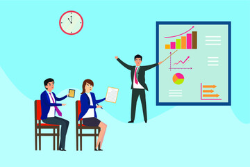 Business presentation vector concept: Businessman explaining business graph on the screen to his partner in the office