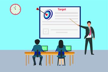 Business vector concept: Businessman explaining business target on whiteboard to his team in a business presentation