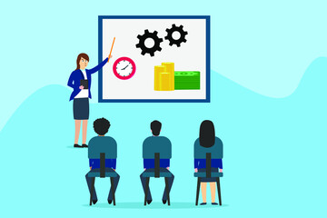 Time Management training vector concept: Businesswoman explaining time, gear, and money on the whiteboard to her team