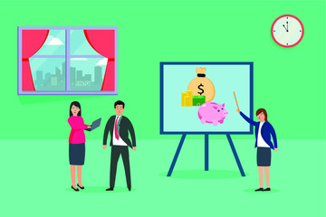 Financial management training vector concept: Businesswoman showing money and piggy bank on whiteboard in the office