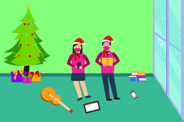 Christmas vector concept: Young couple in face mask reading books while sitting on the floor and wearing christmas hats with christmas tree background
