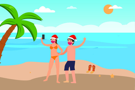 Christmas holiday vector concept: Happy couple in face mask taking selfie photo together while wearing christmas hats and swimwear on the beach