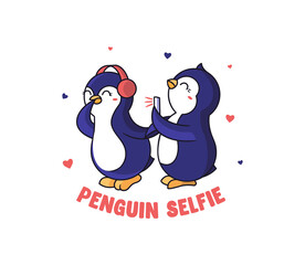 Obraz premium The funny Penguins taking a selfie. Cartoonish animals a traveling