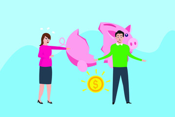 Couple conflict vector concept: Angry woman screaming to her husband with broken piggy bank with little money