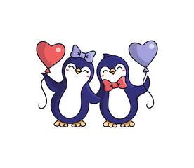 The happy Penguins are holding balloon hearts.
