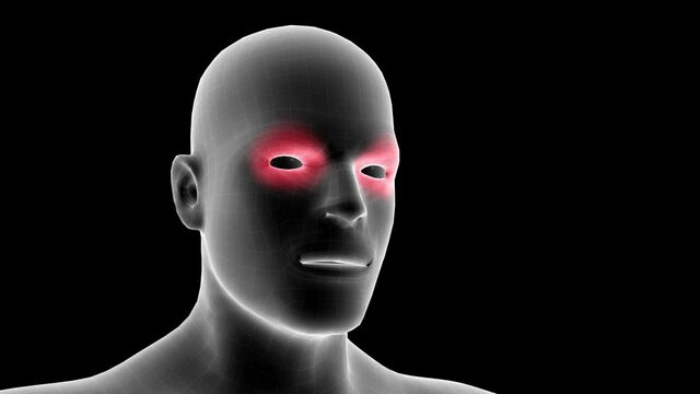 3d animation of a men xray hologram showing pain area on the eyes with alpha channel